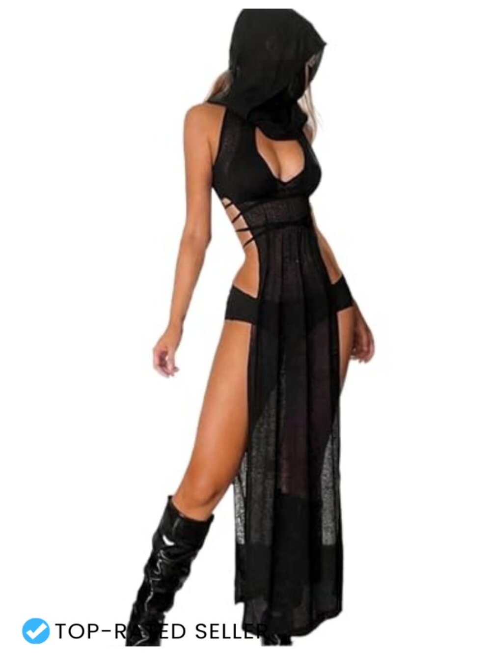 Women's Bodycon Hooded Rave Dress Stretchy High Split Mesh Hood